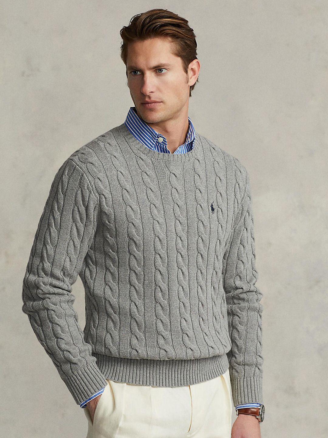 polo ralph lauren men grey self design cable-knit sweaters