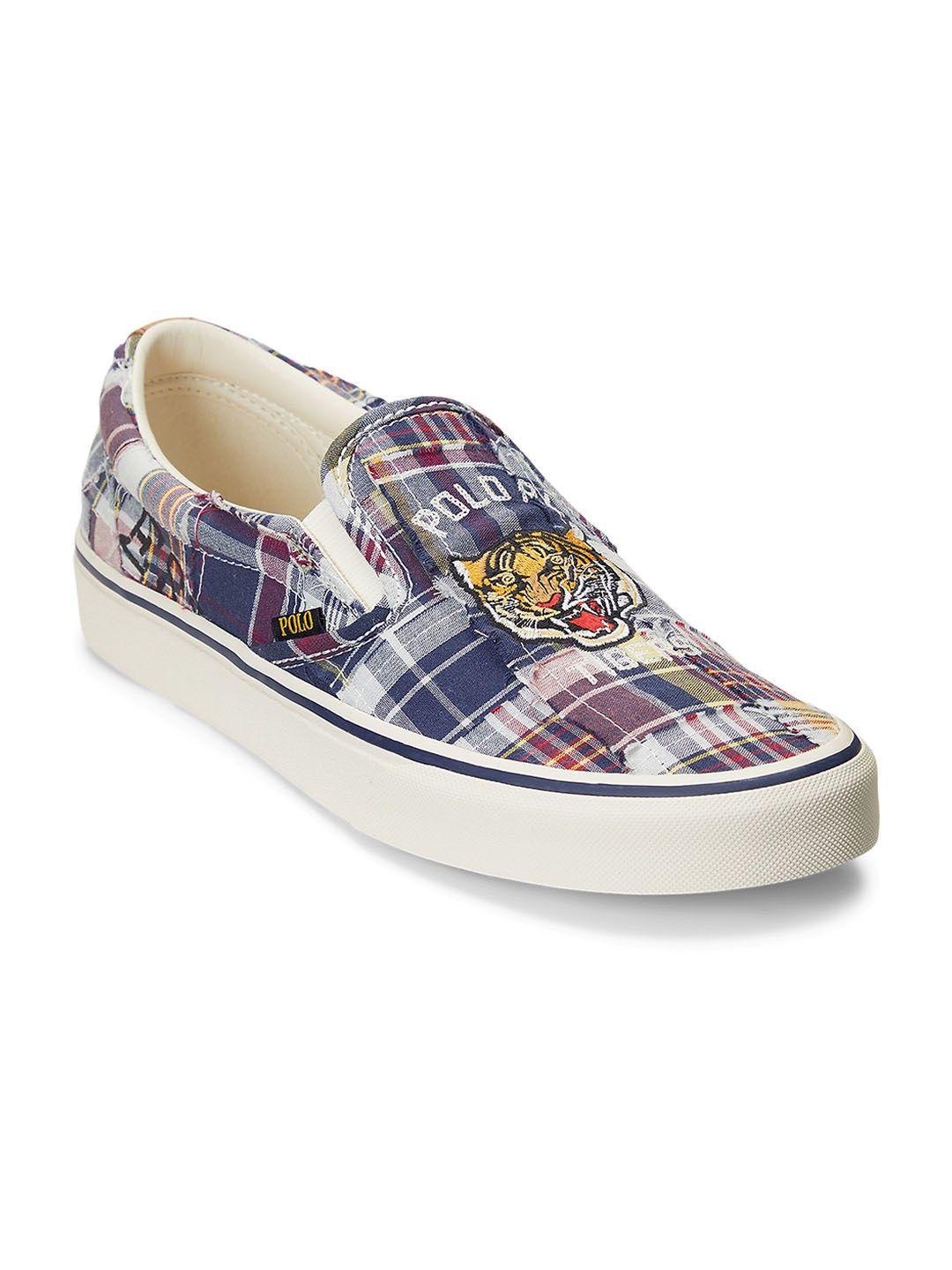 polo ralph lauren men keaton patchwork madras printed comfort canvas slip-on sneakers