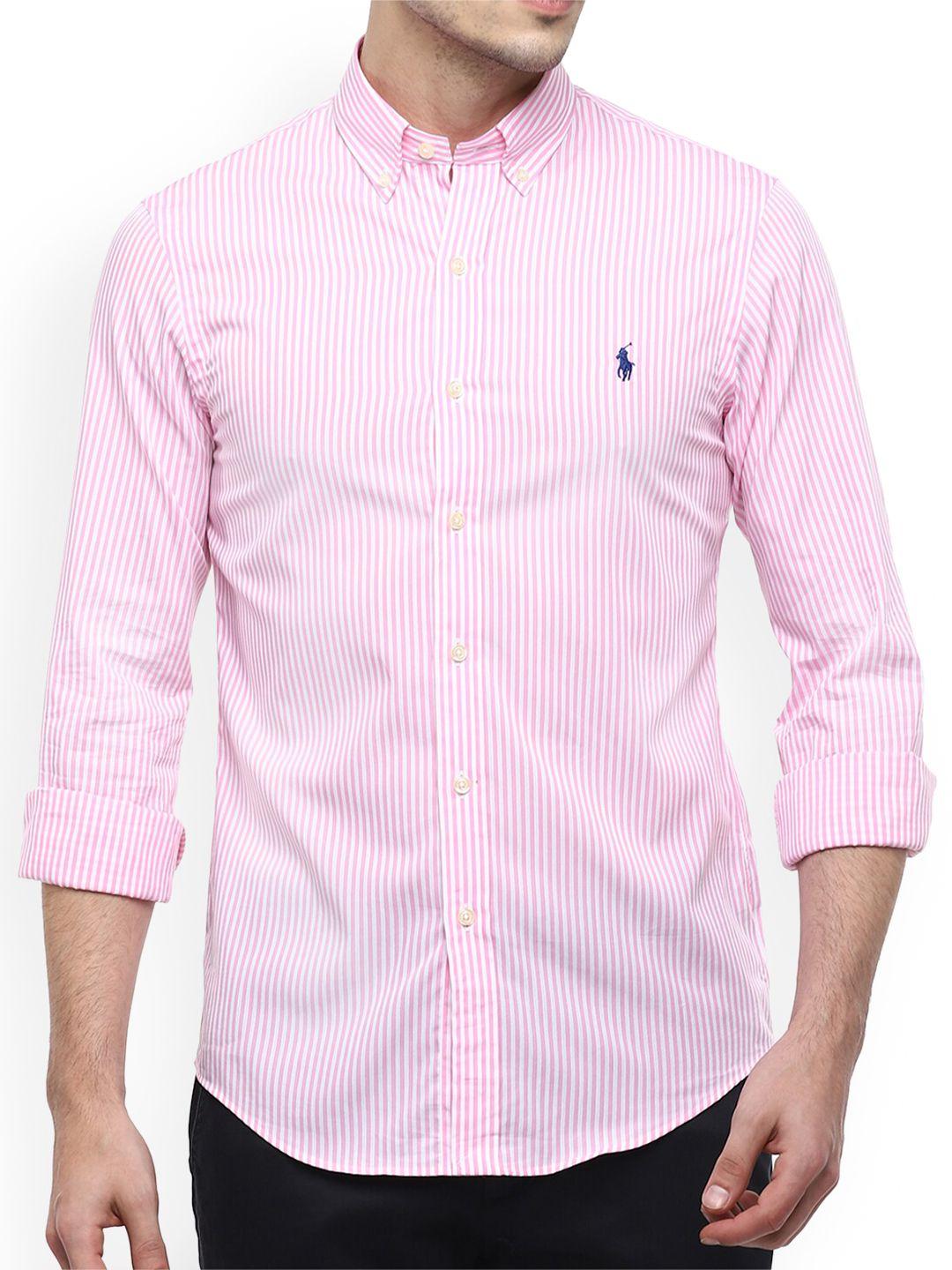 polo ralph lauren men pink & white striped cotton casual shirt