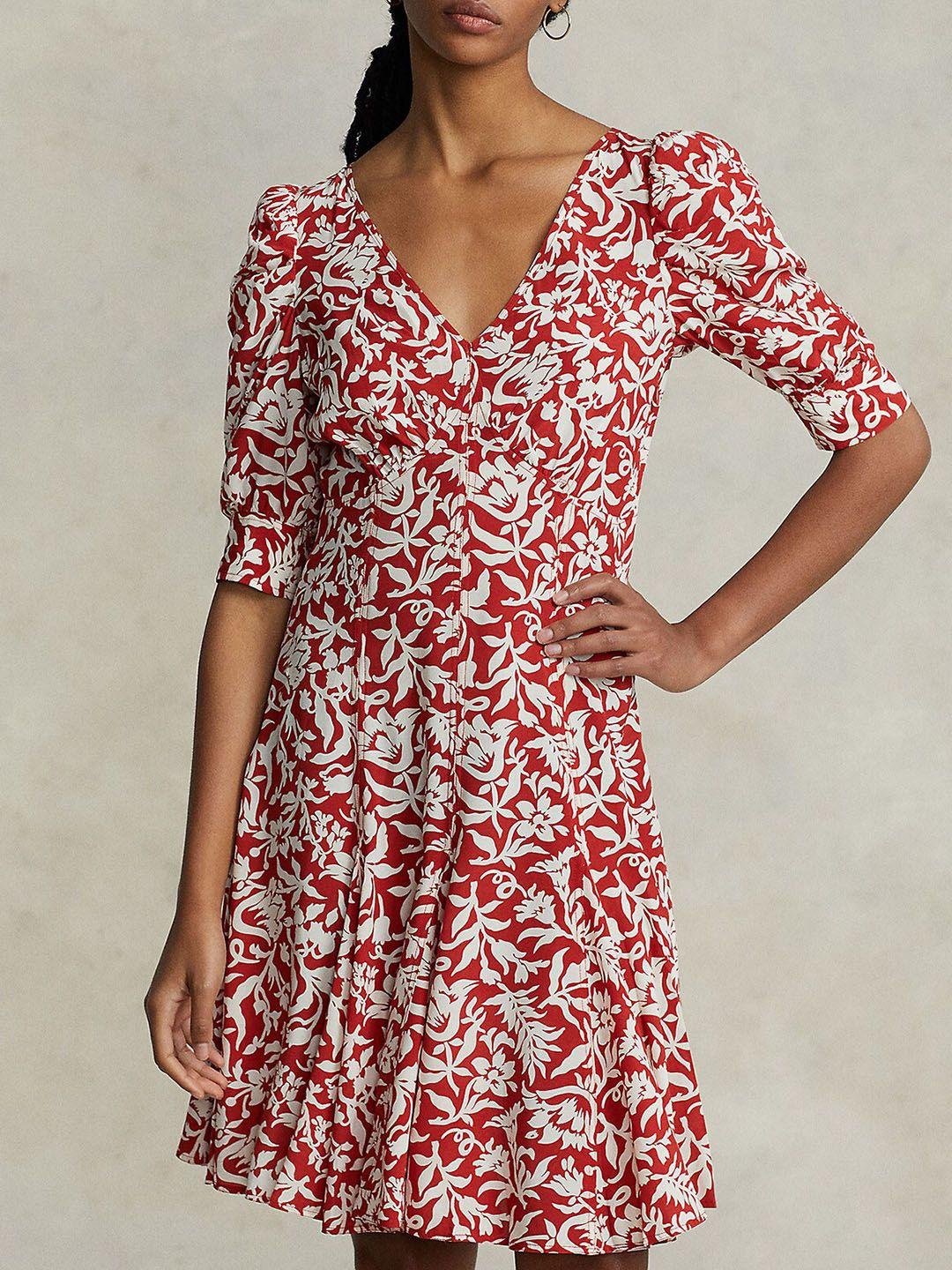 polo ralph lauren puff sleeves floral printed v-neck fit & flare cotton dress