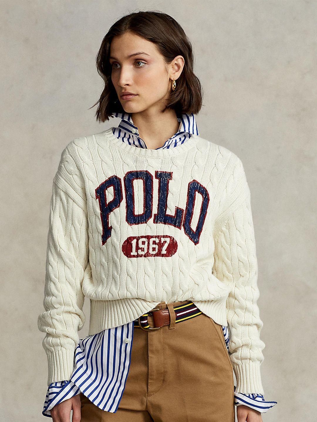 polo ralph lauren women beige & red typography printed pullover