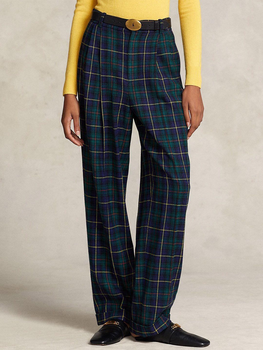 polo ralph lauren women mid-rise checked patterned twill wide-leg trouser