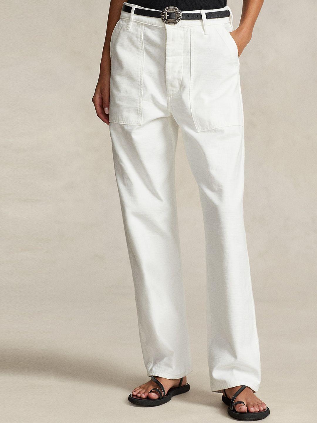 polo ralph lauren women mid rise plain cotton straight-fit trousers