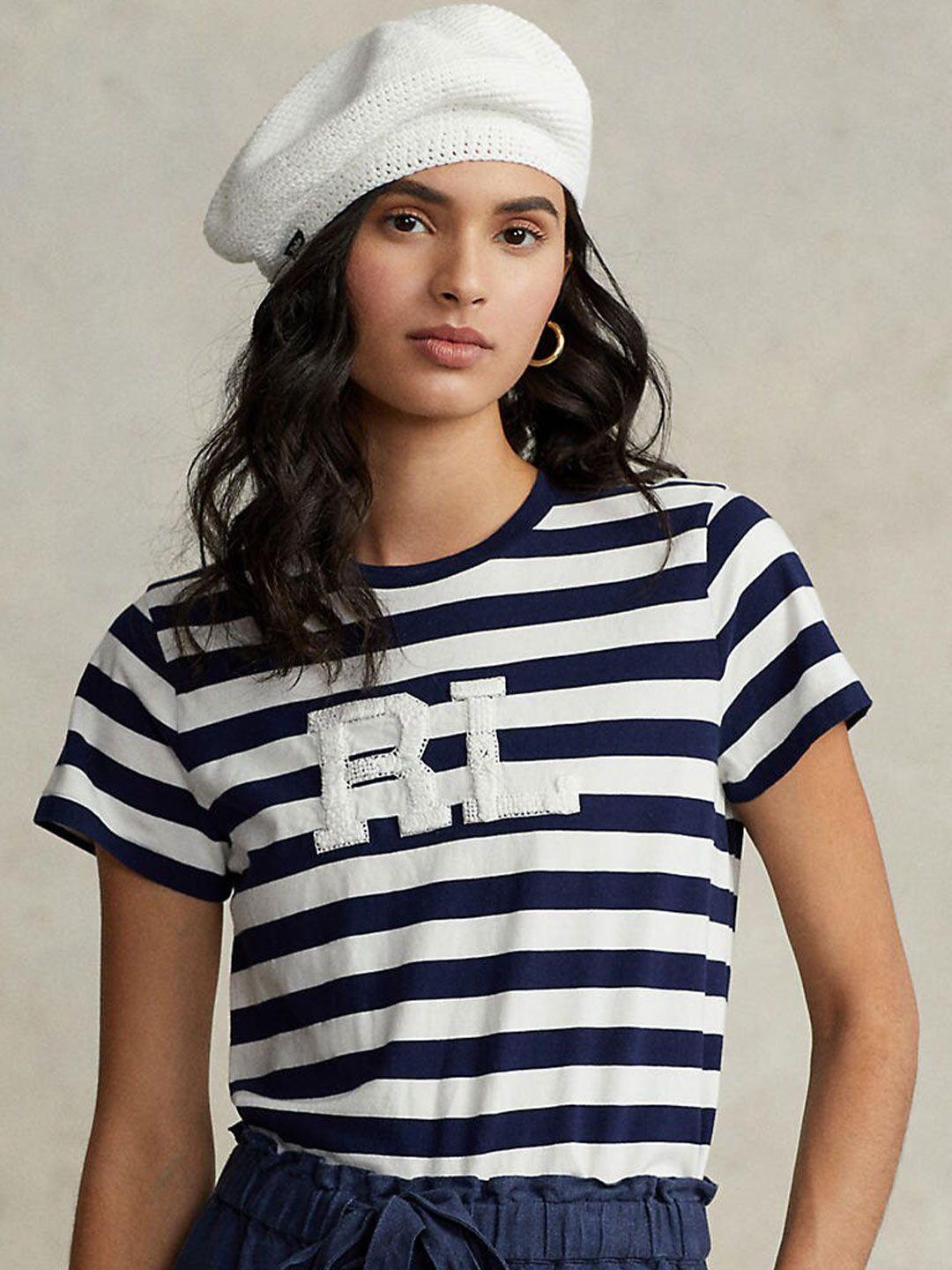 polo ralph lauren women navy blue & white striped cotton t-shirt