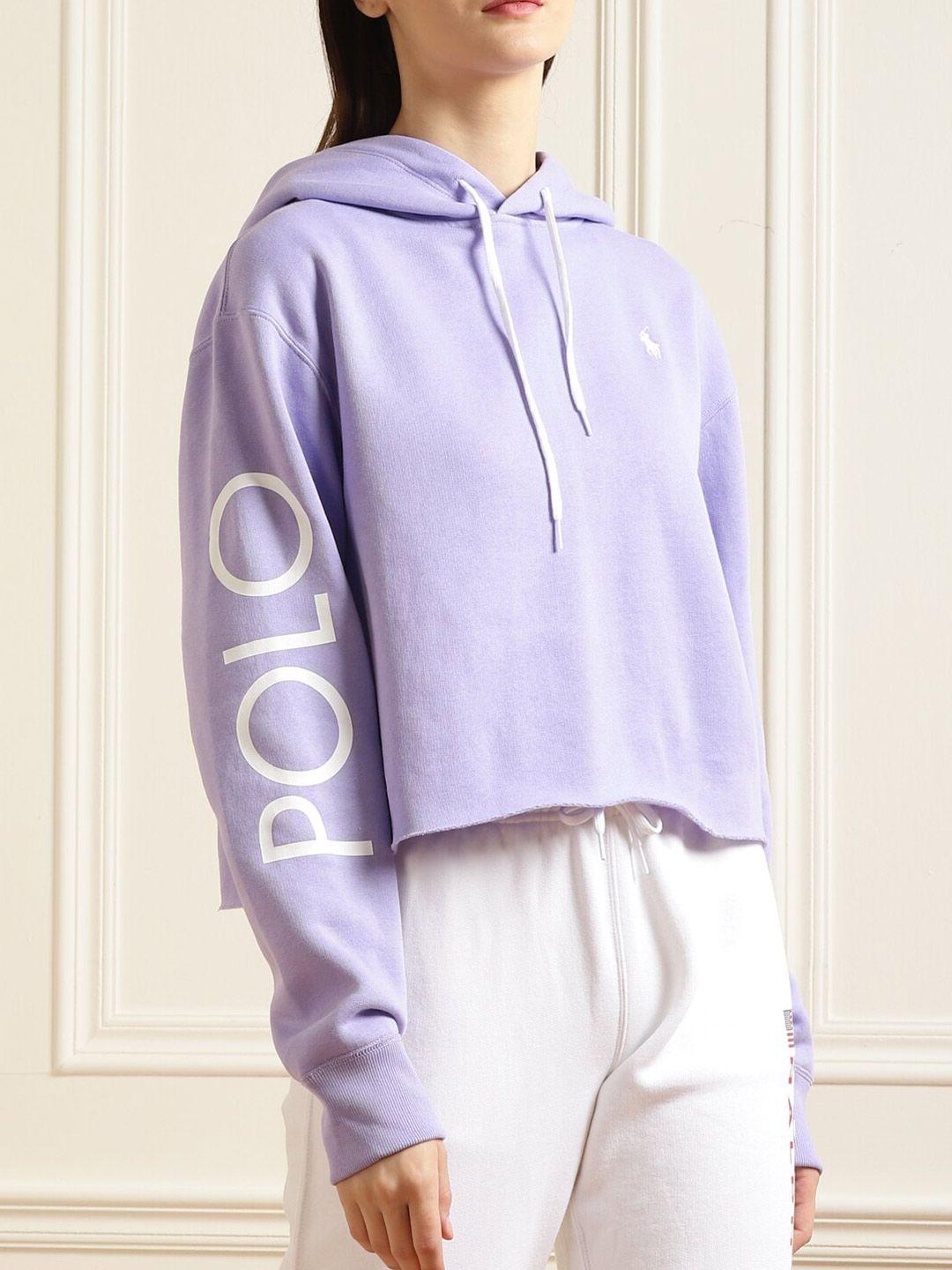 polo ralph lauren women purple printed crop hooded sweatshirt