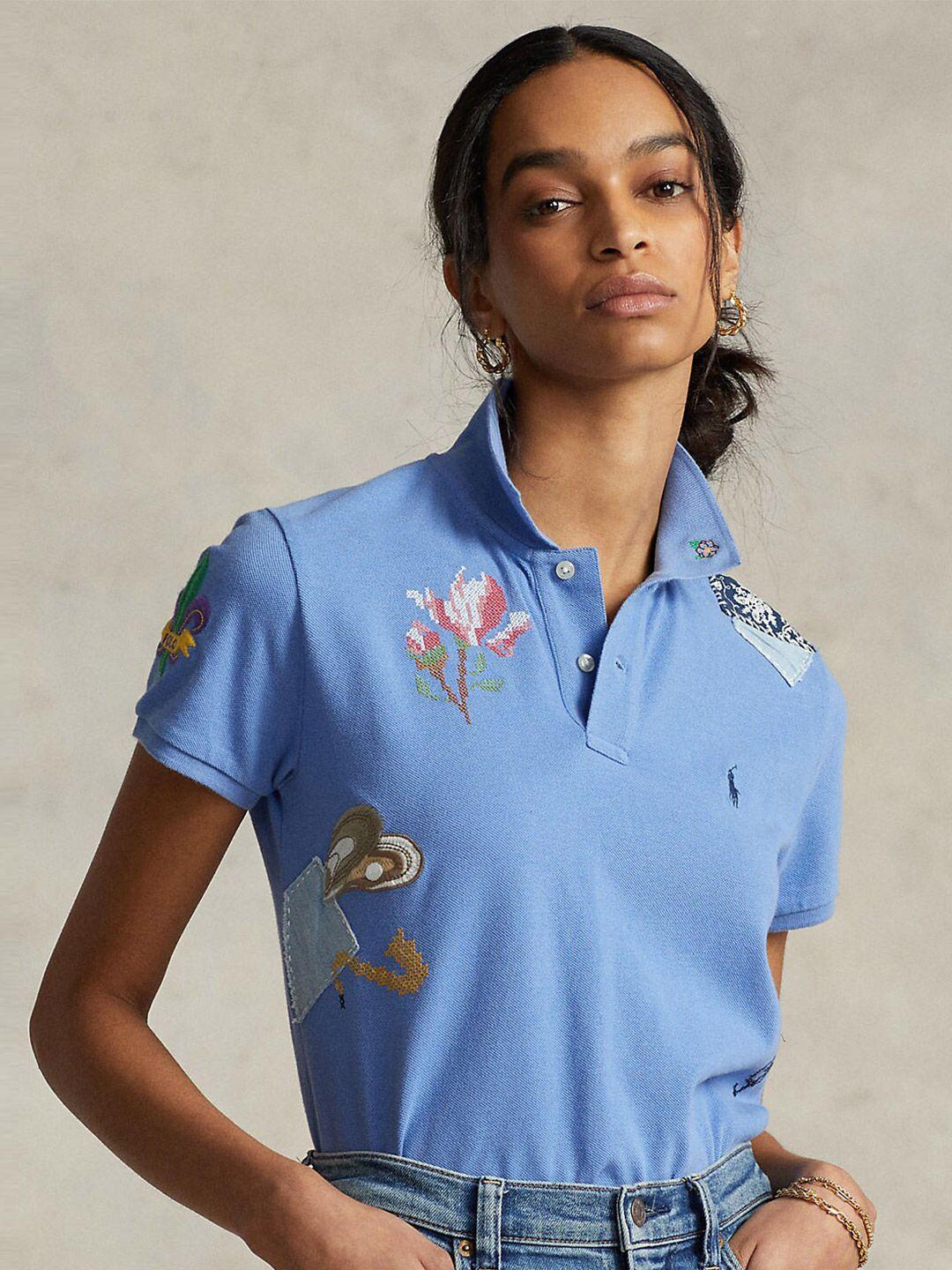 polo ralph lauren women self design skinny-fit cotton polo t-shirts