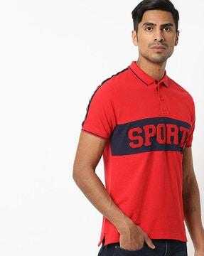 polo t-shirt with text fleece applique