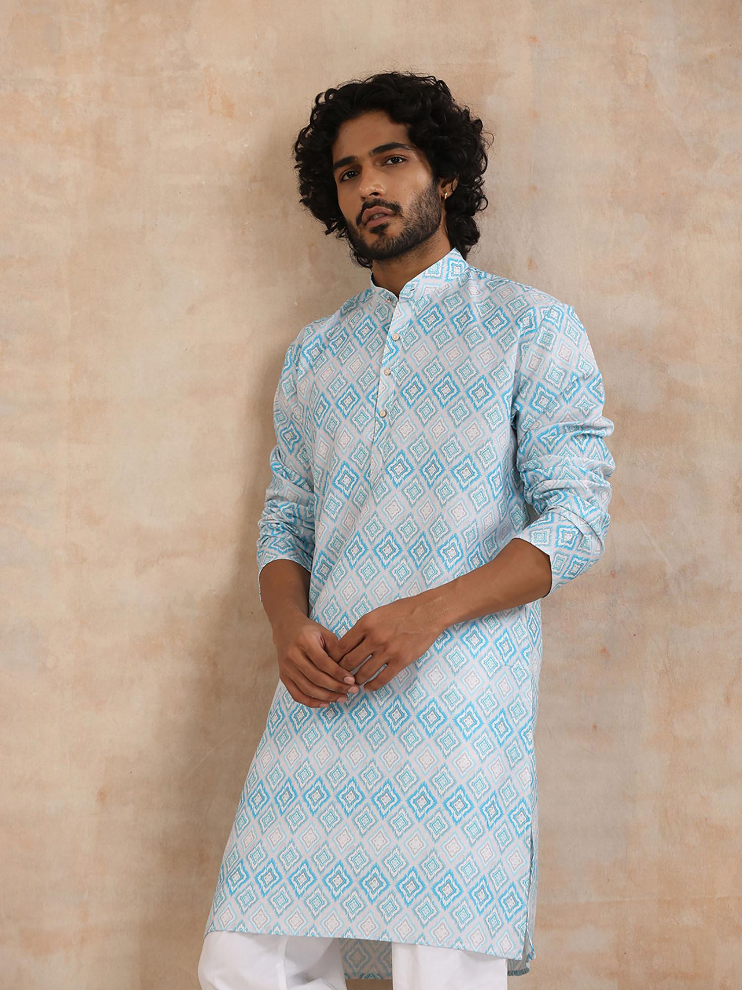 poly cotton printed mens long kurta - blue