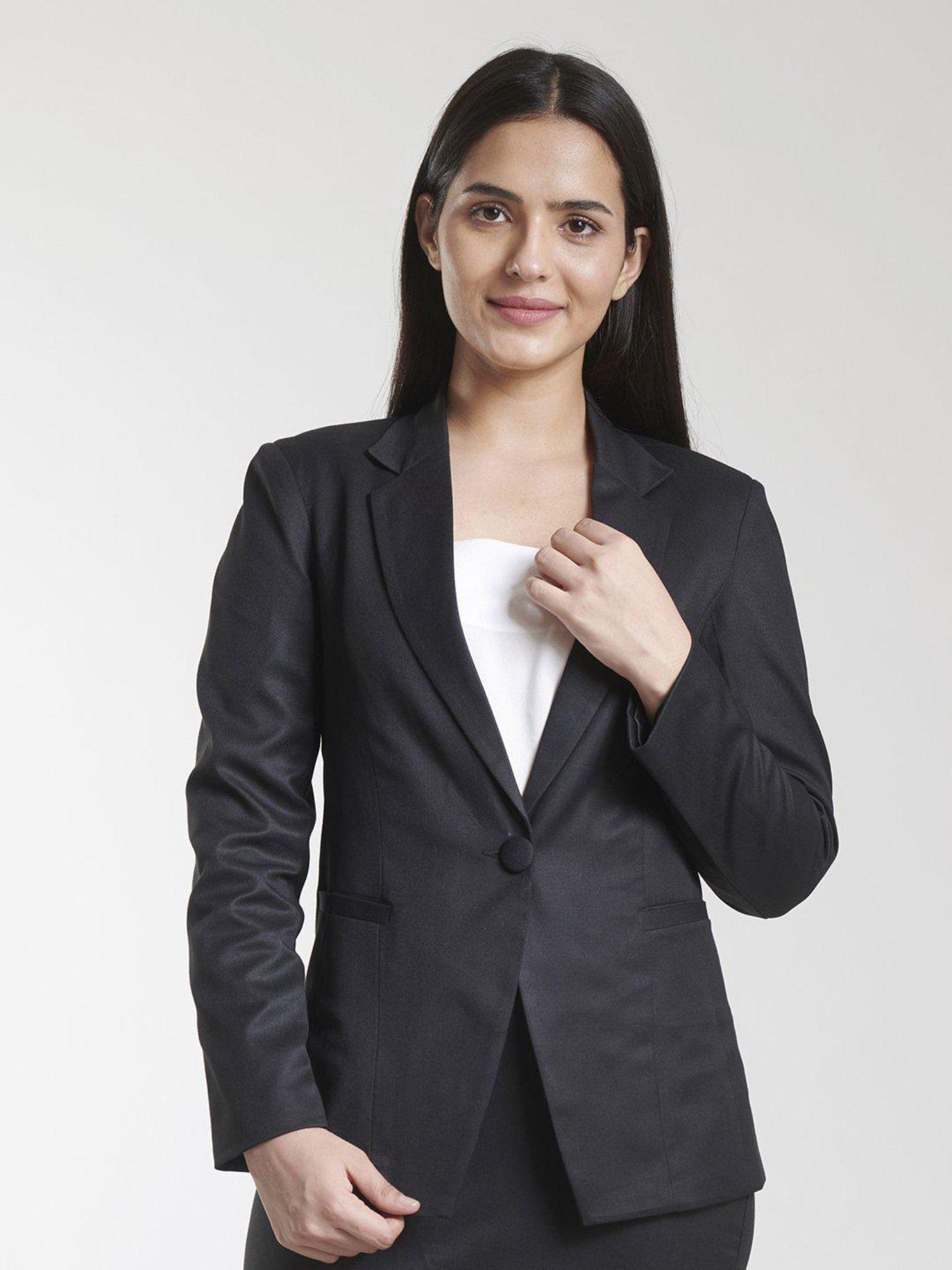 poly cotton single button blazer - black