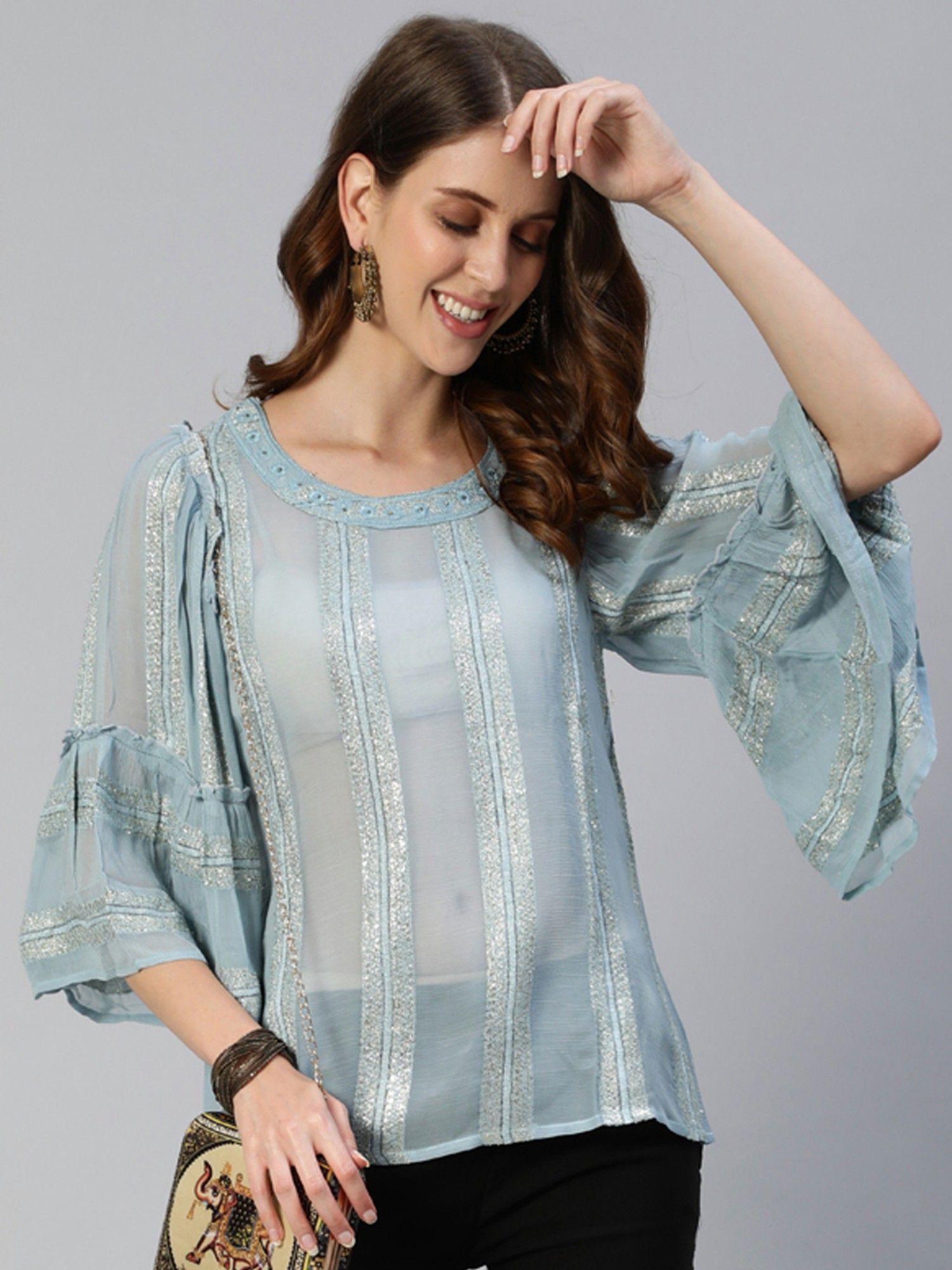 poly georgette blue lurex embroidered a-line top