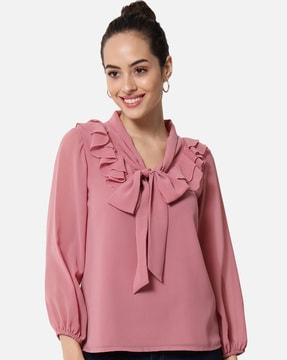 poly georgette top with ruffled collar