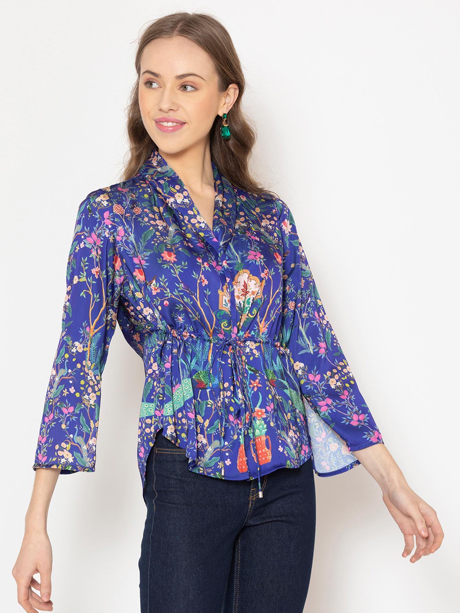 poly satin blue floral button down cinched waist long sleeves regular top for women