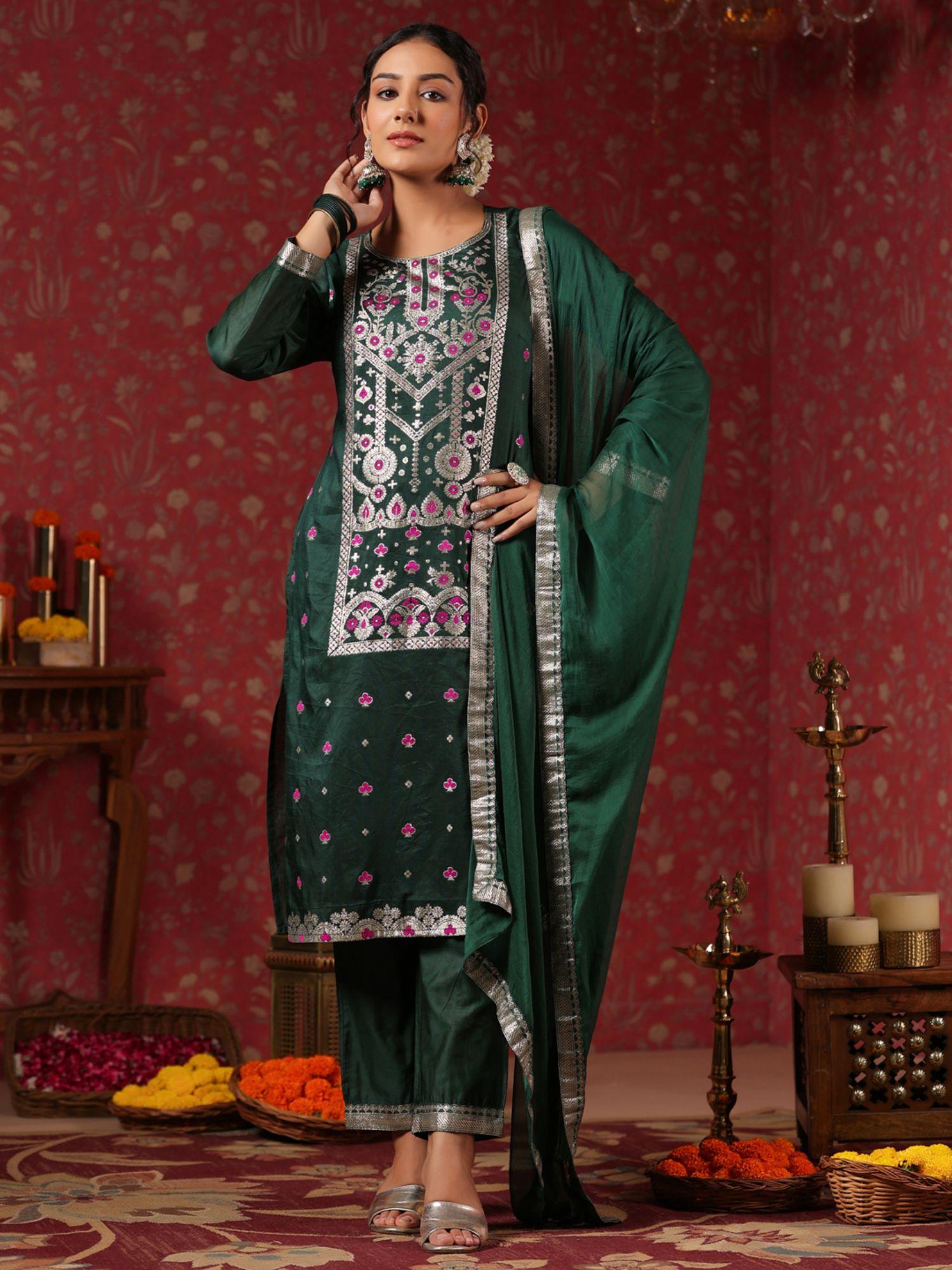 poly silk ethnic motifs foil print green straight kurta with pant & dupatta (set of 3)