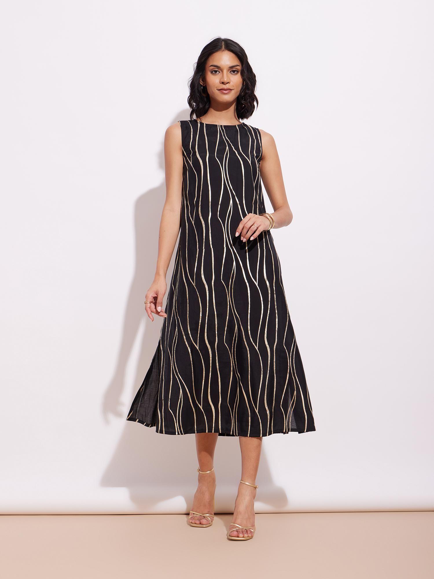 poly silk print dress - black and gold