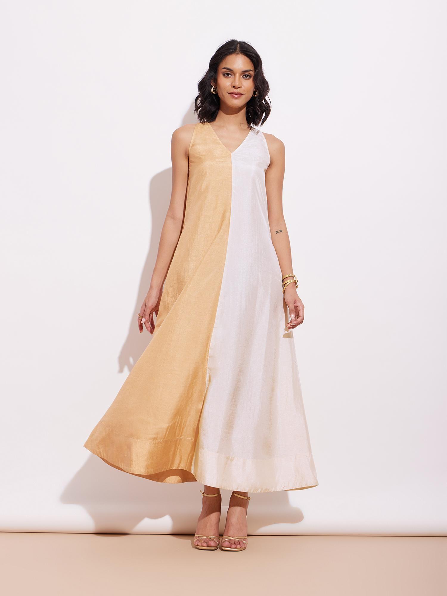 poly silk sleeveless colourblock dress - cream and gold