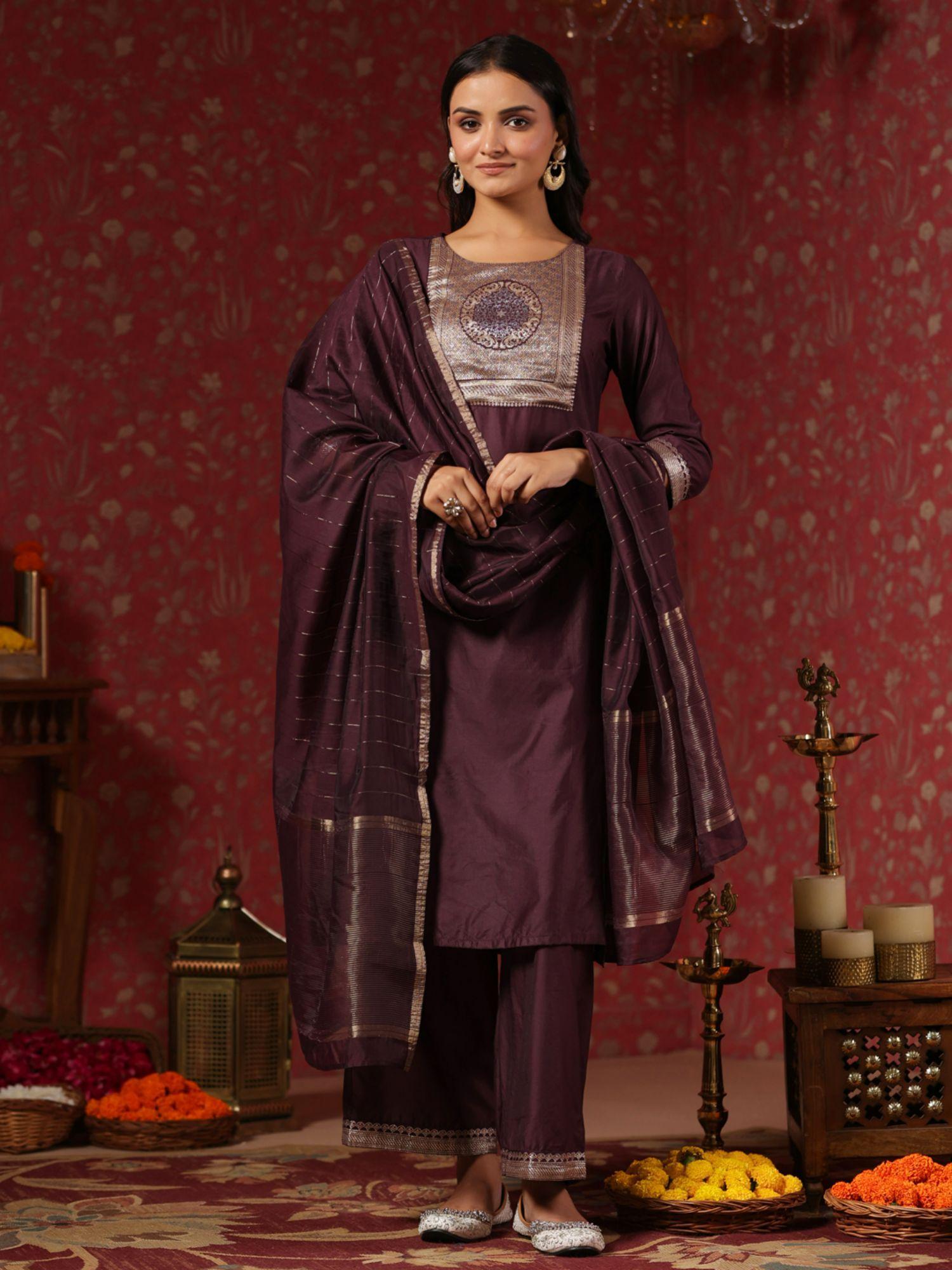 poly silk yoke design purple straight kurta with palazzo & dupatta (set of 3)