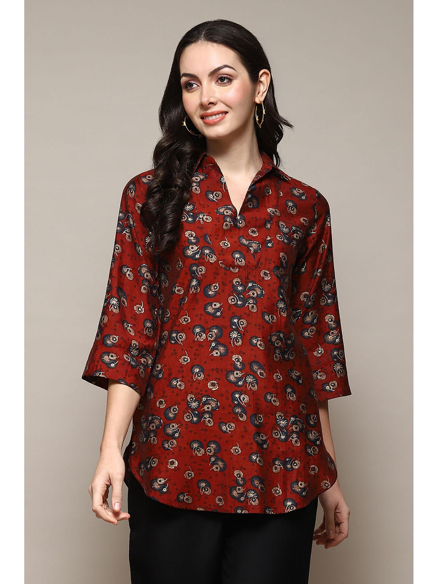 poly viscose red printed top