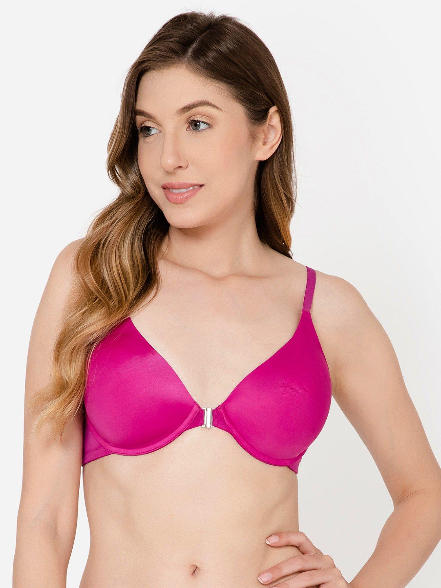 polyamide solid lightly padded demi cup underwired plunge bra - pink
