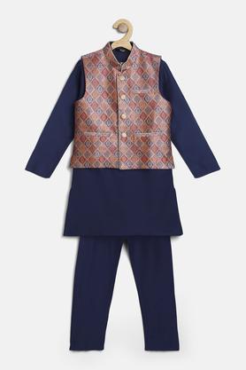 polyblend fabric mandarin boys kurta pyjama jacket set - navy