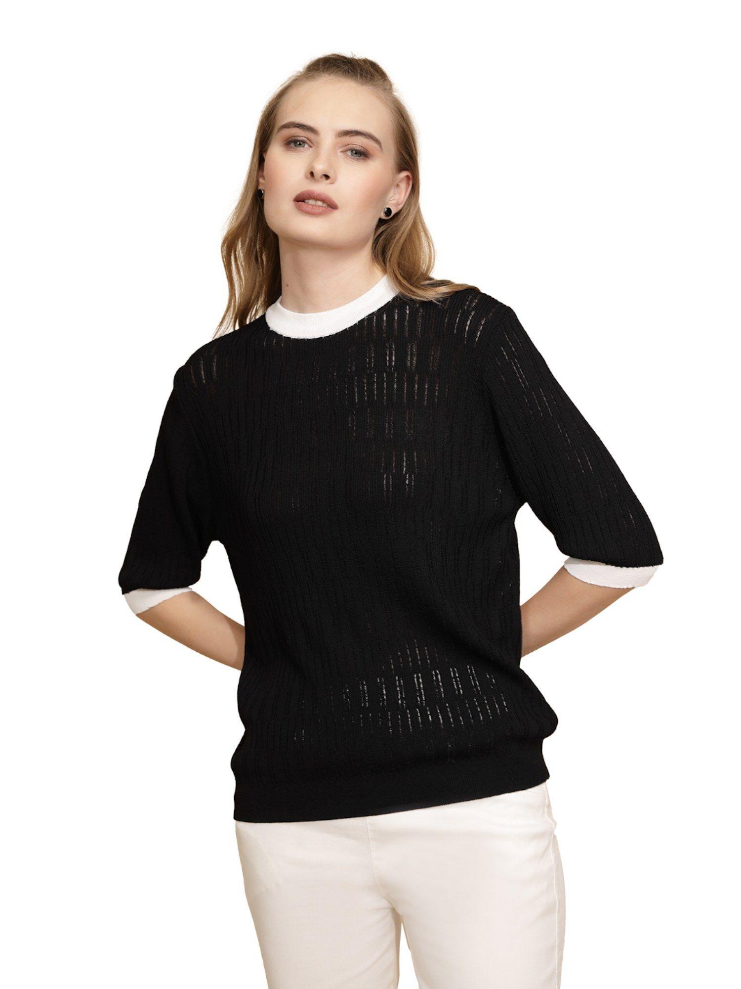 polycotton crew neck three fourth sleeves top for women