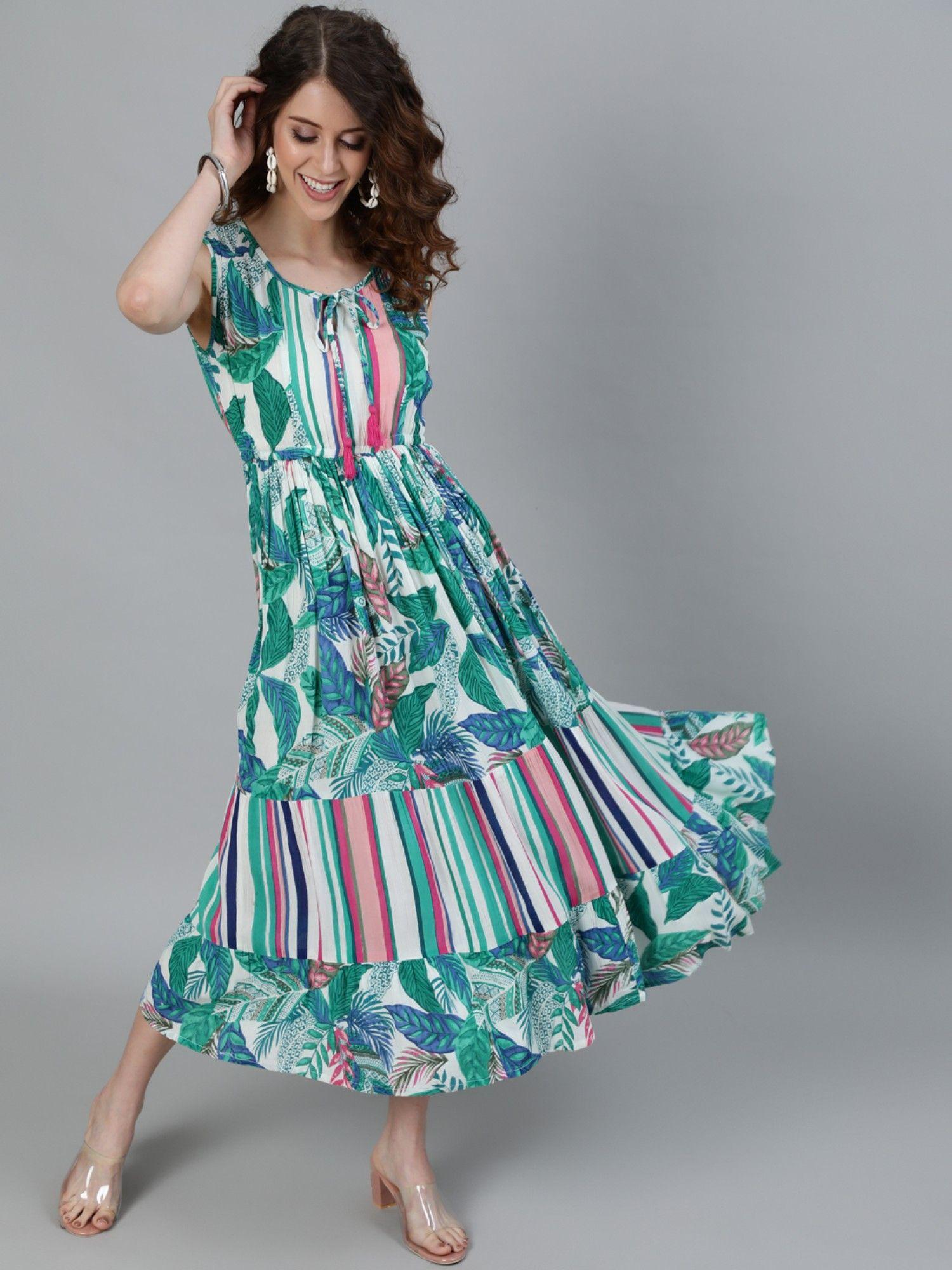 polyester white & green printed fit & flare dress