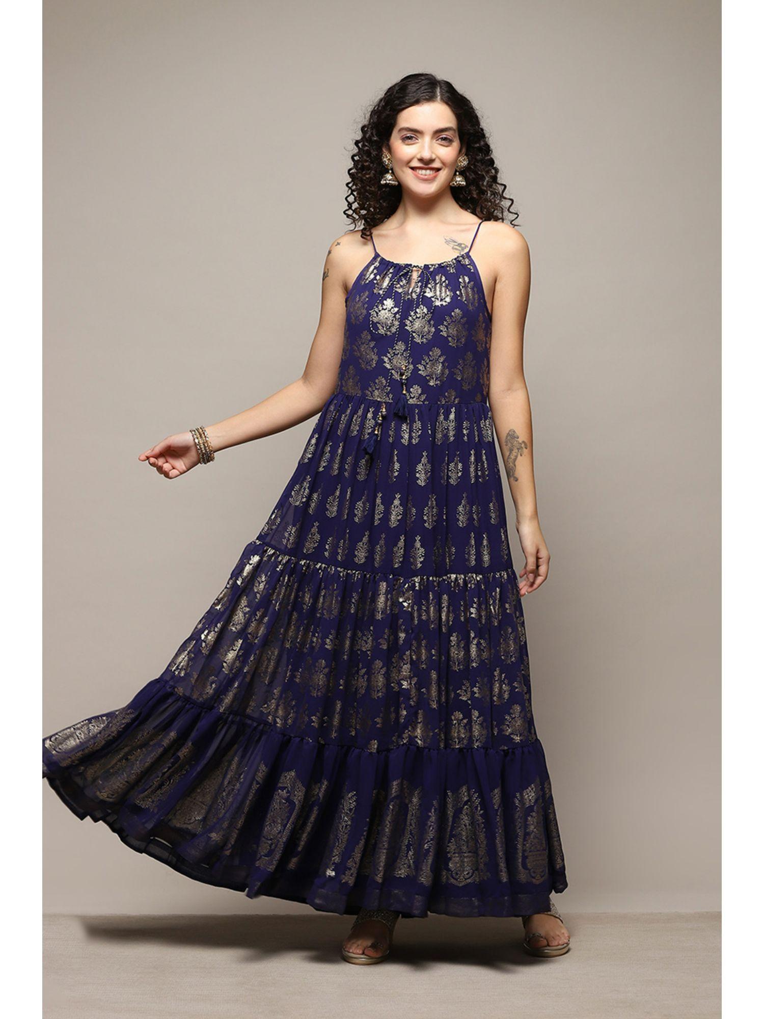 polyester block print dark blue dress