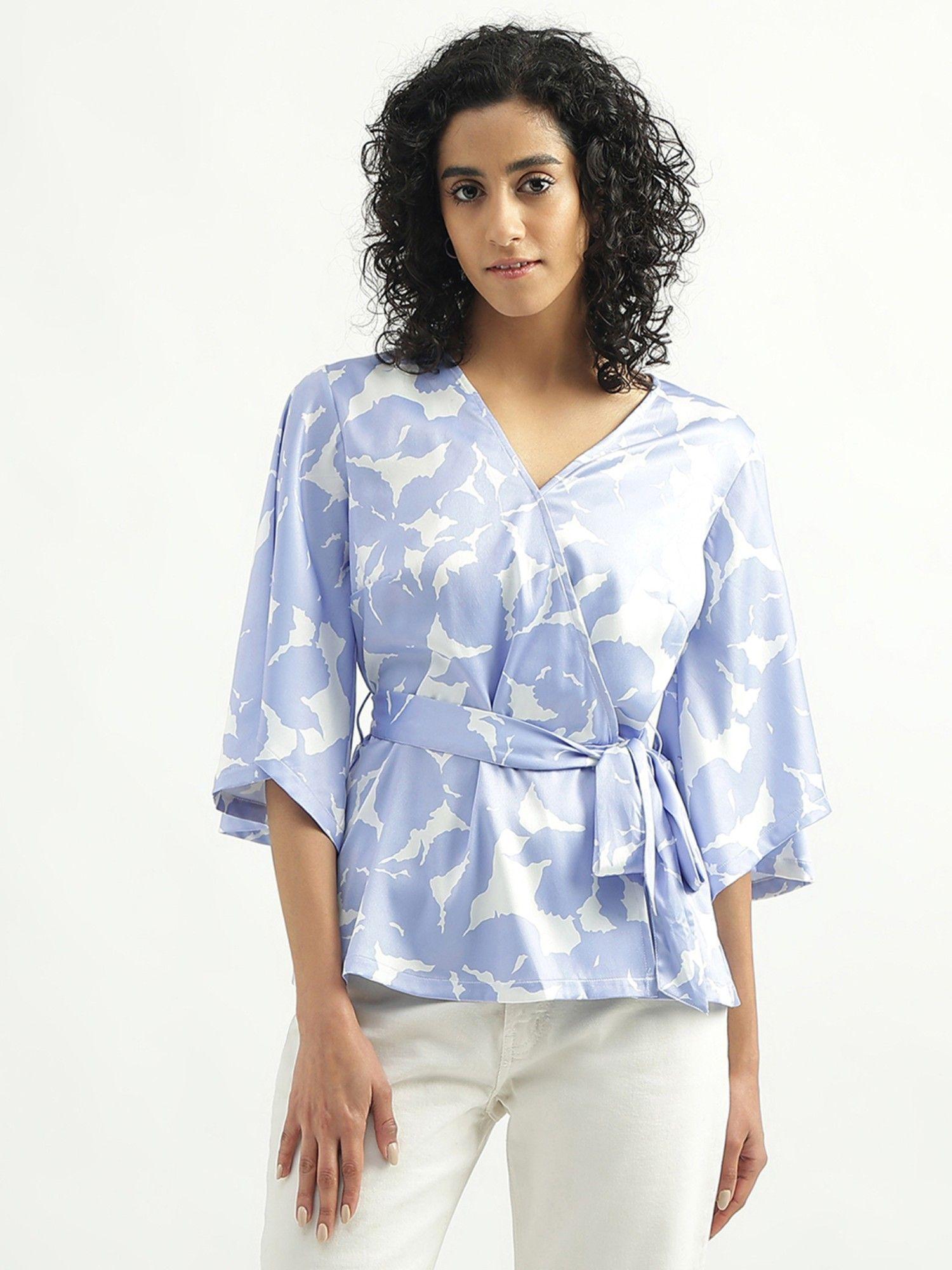 polyester blue floral v-neck women top with belt (set of 2)