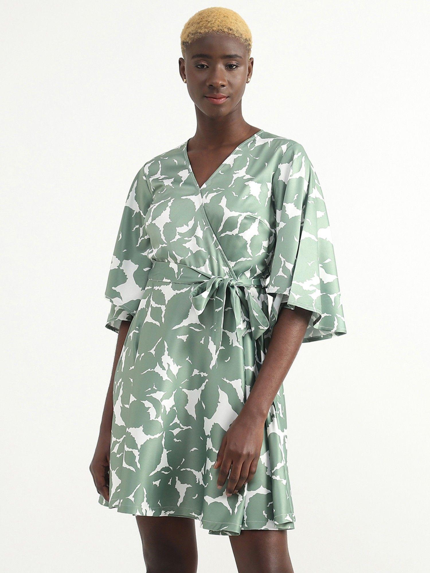 polyester green floral v-neck women dress with belt (set of 2)