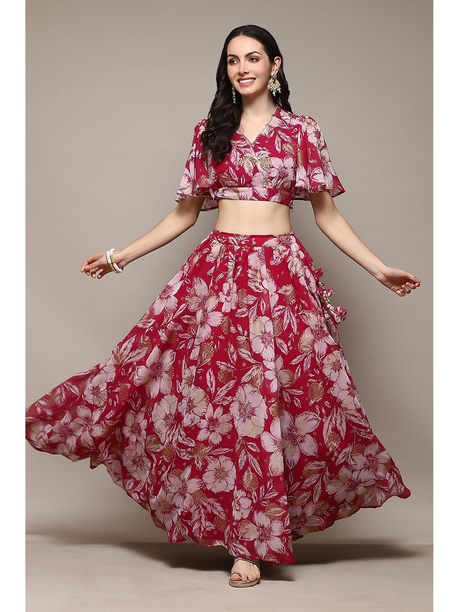 polyester pink floral lehenga (set of 2)