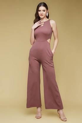 polyester round neck sleeveless waist cut-out regular jumpsuit - mauve