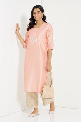 polyester silk women's kurta - peach