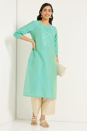 polyester silk women's kurta - turquoise
