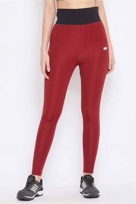 polyester slim fit high rise women's active wear tights - red