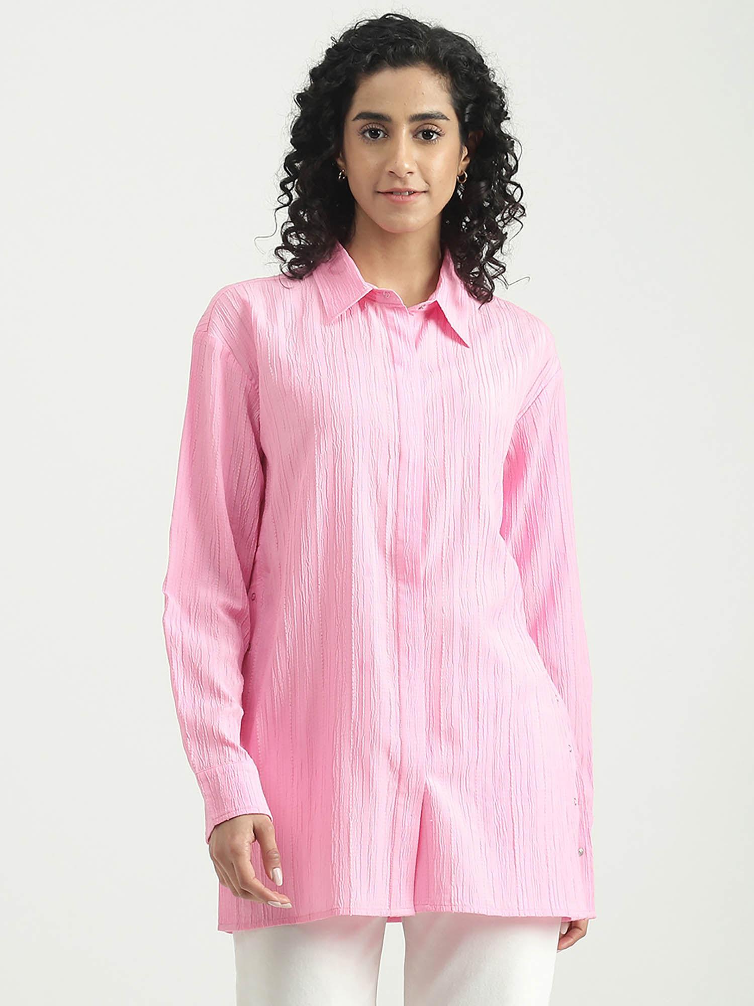 polyester solid spread collar women pink shirt