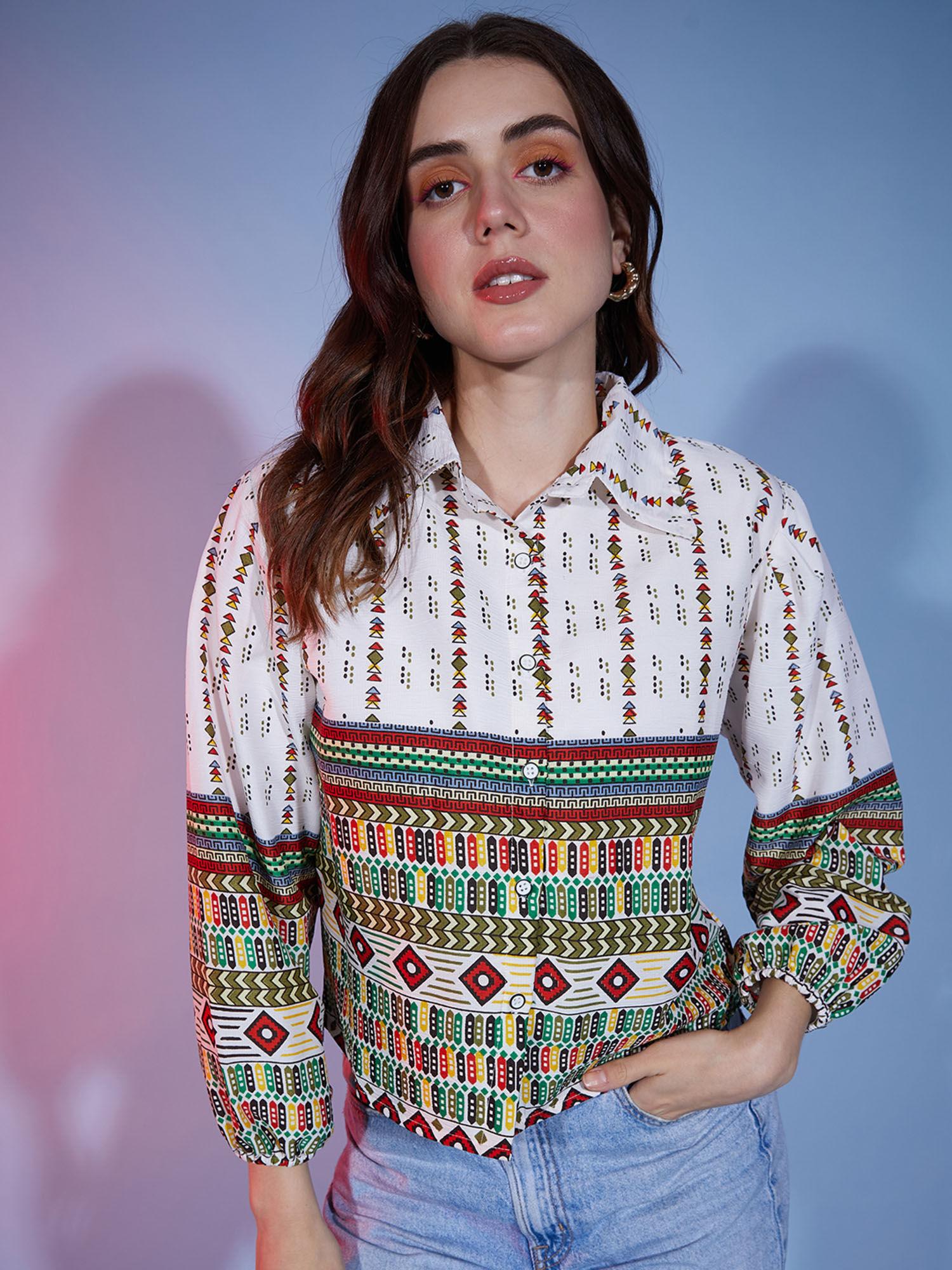 polyester white multi bubble sleeve tribal printed women shirt