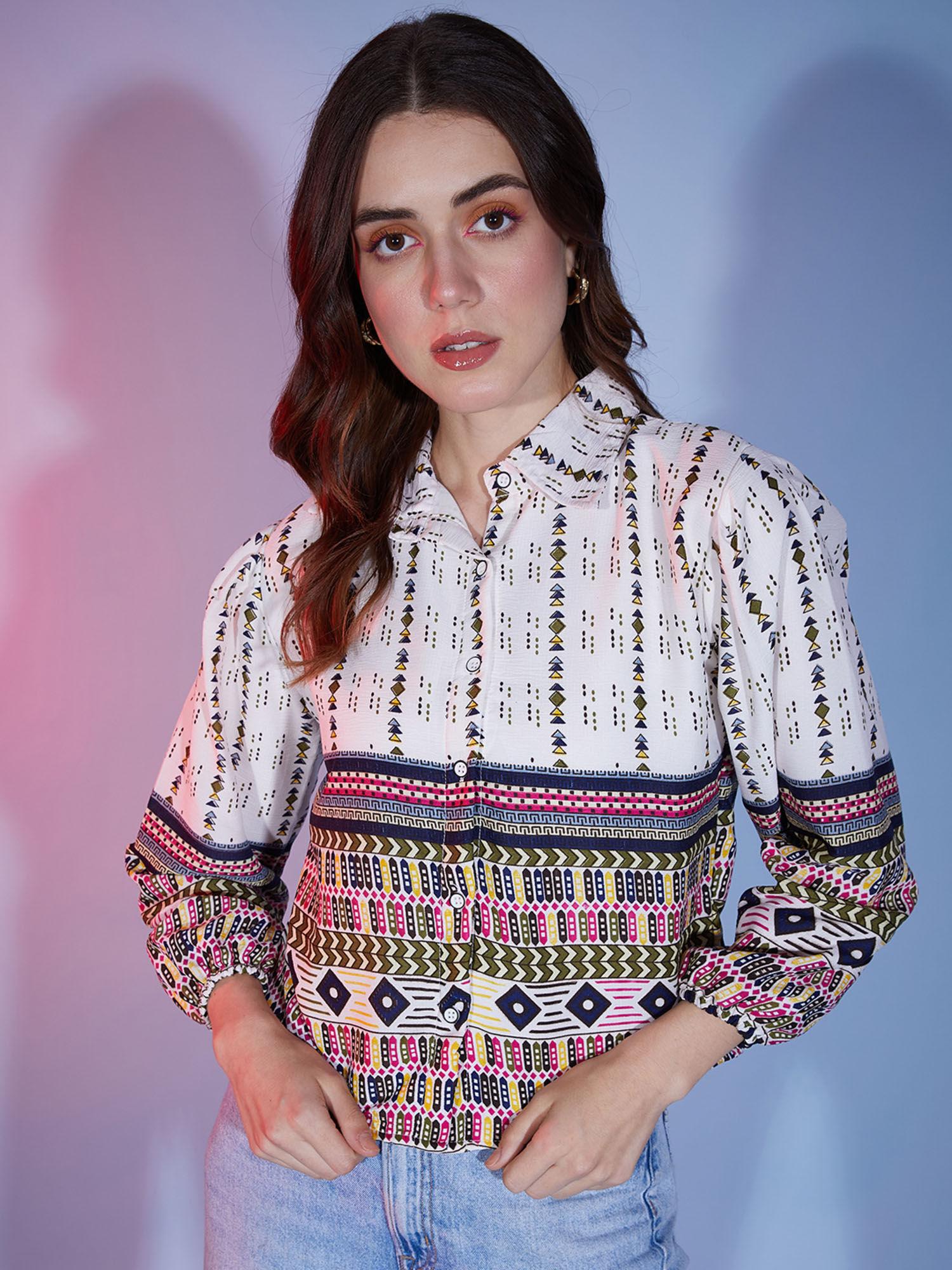 polyester white multi bubble sleeve tribal printed women shirt