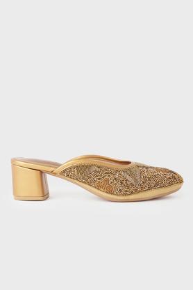polyurethane slipon women's ethnic block heel mules - gold