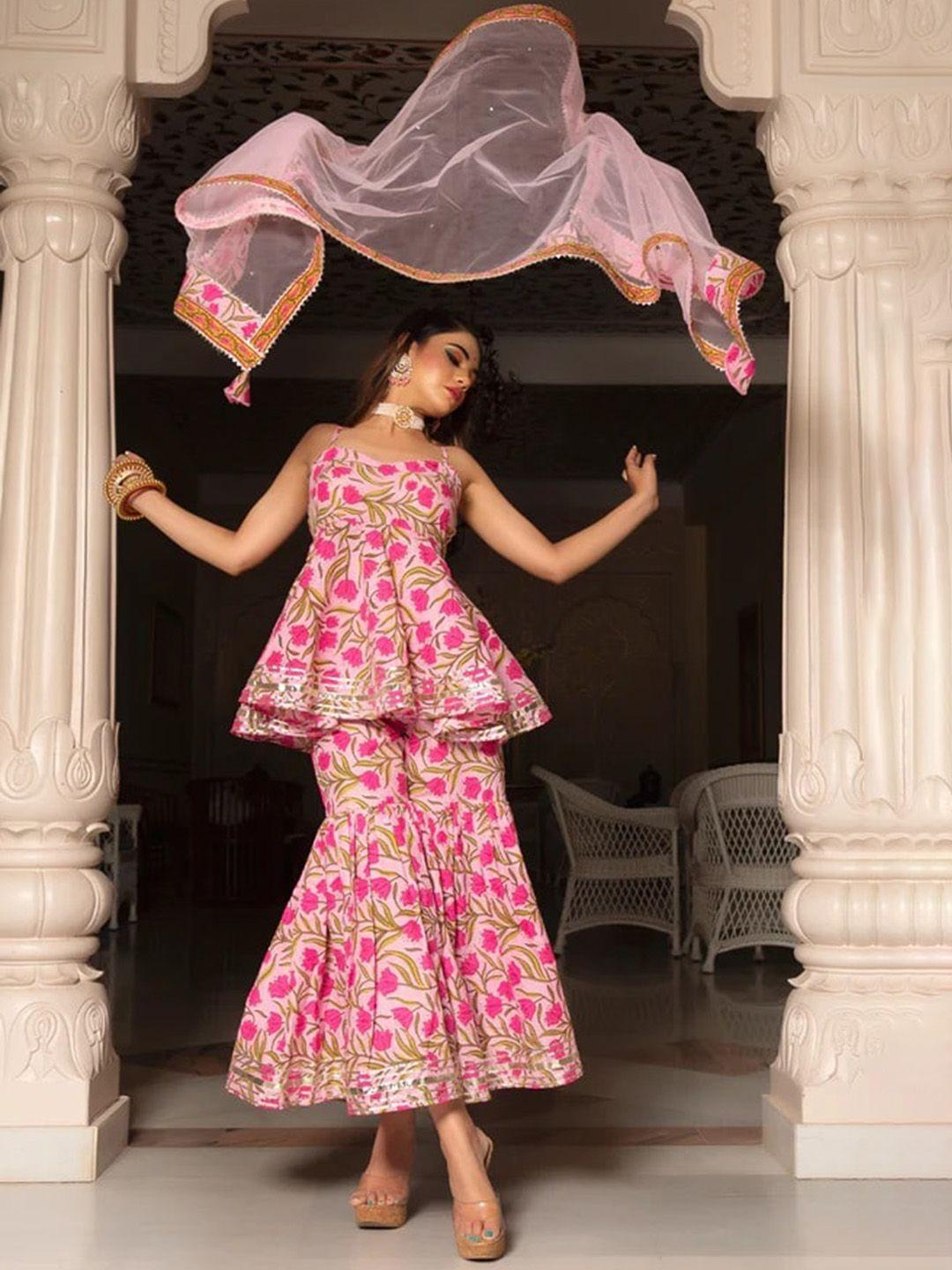 pomcha floral printed gotta patti kurti with sharara & dupatta