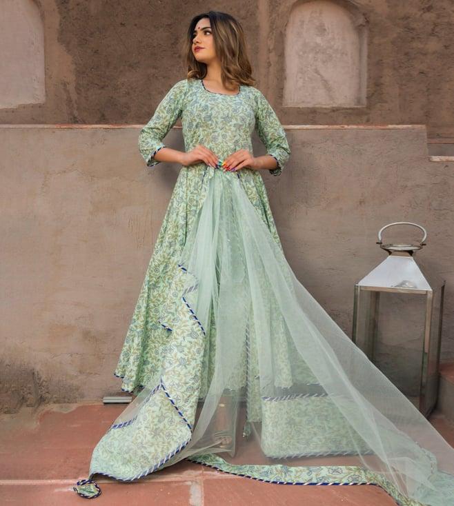 pomcha jaipur aqua green hand block print anarkali kurta with pant and dupatta