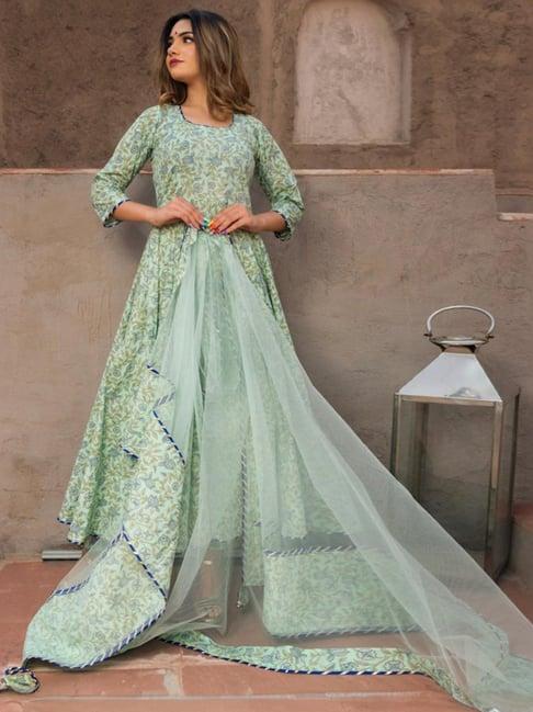 pomcha jaipur aqua green hand block print anarkali kurta with pant and dupatta