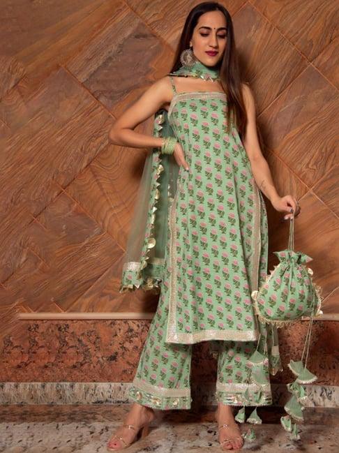 pomcha jaipur green rangbhar mishika hand block kurta kurta with pant and dupatta