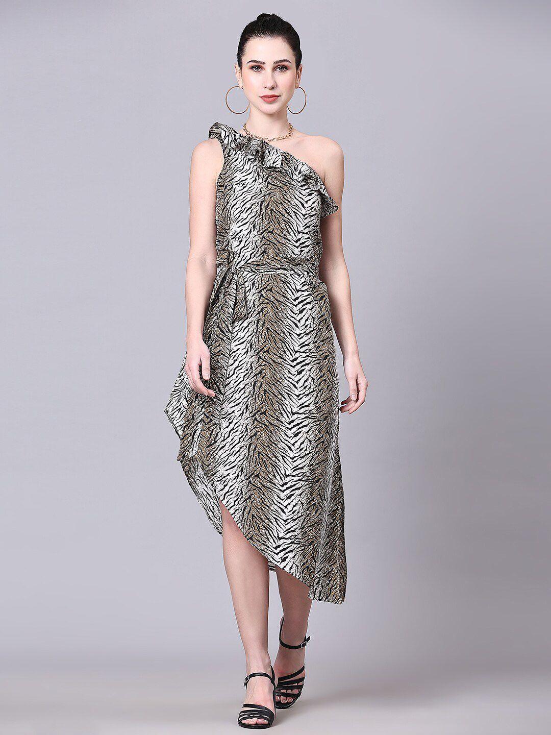 pomegal animal printed one shoulder belted a-line midi dress