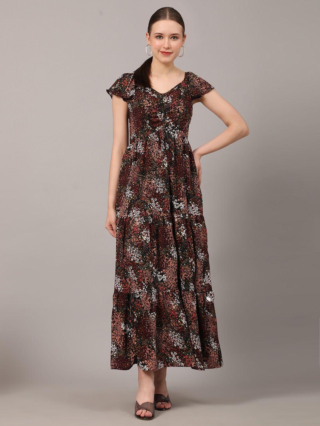 pomegal brown floral print ruffled maxi dress