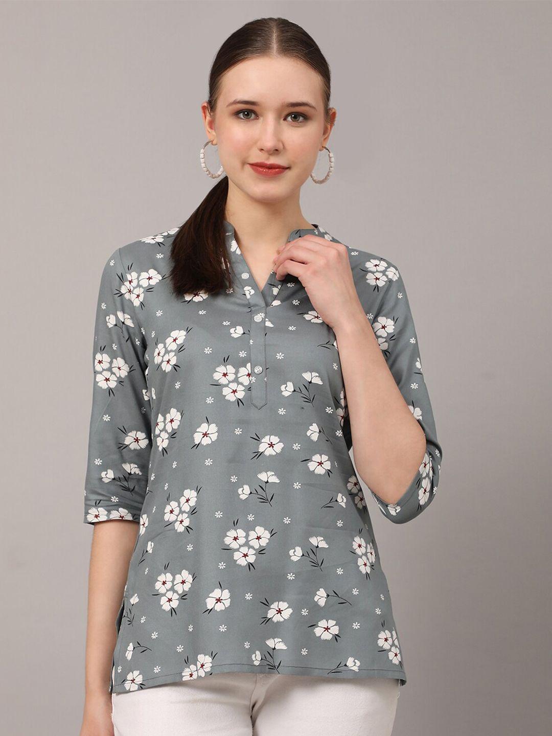 pomegal floral printed mandarin collar top