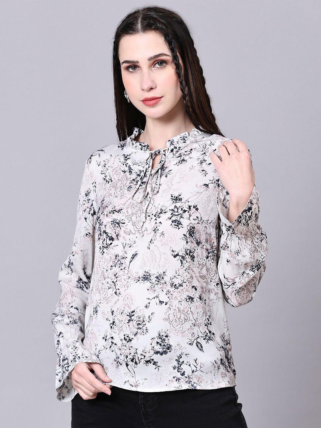 pomegal floral printed tie-up neck bell sleeves top