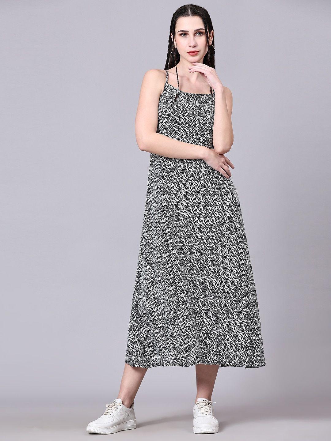 pomegal geometric printed shoulder straps lace-up fit & flare midi dress