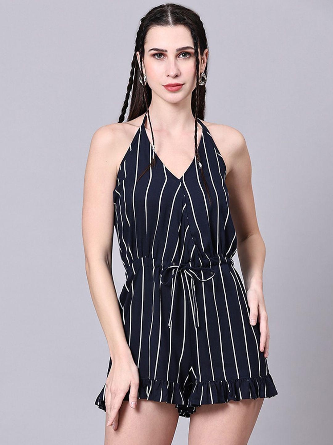pomegal halter neck striped waist tie-up detail ruffled playsuit
