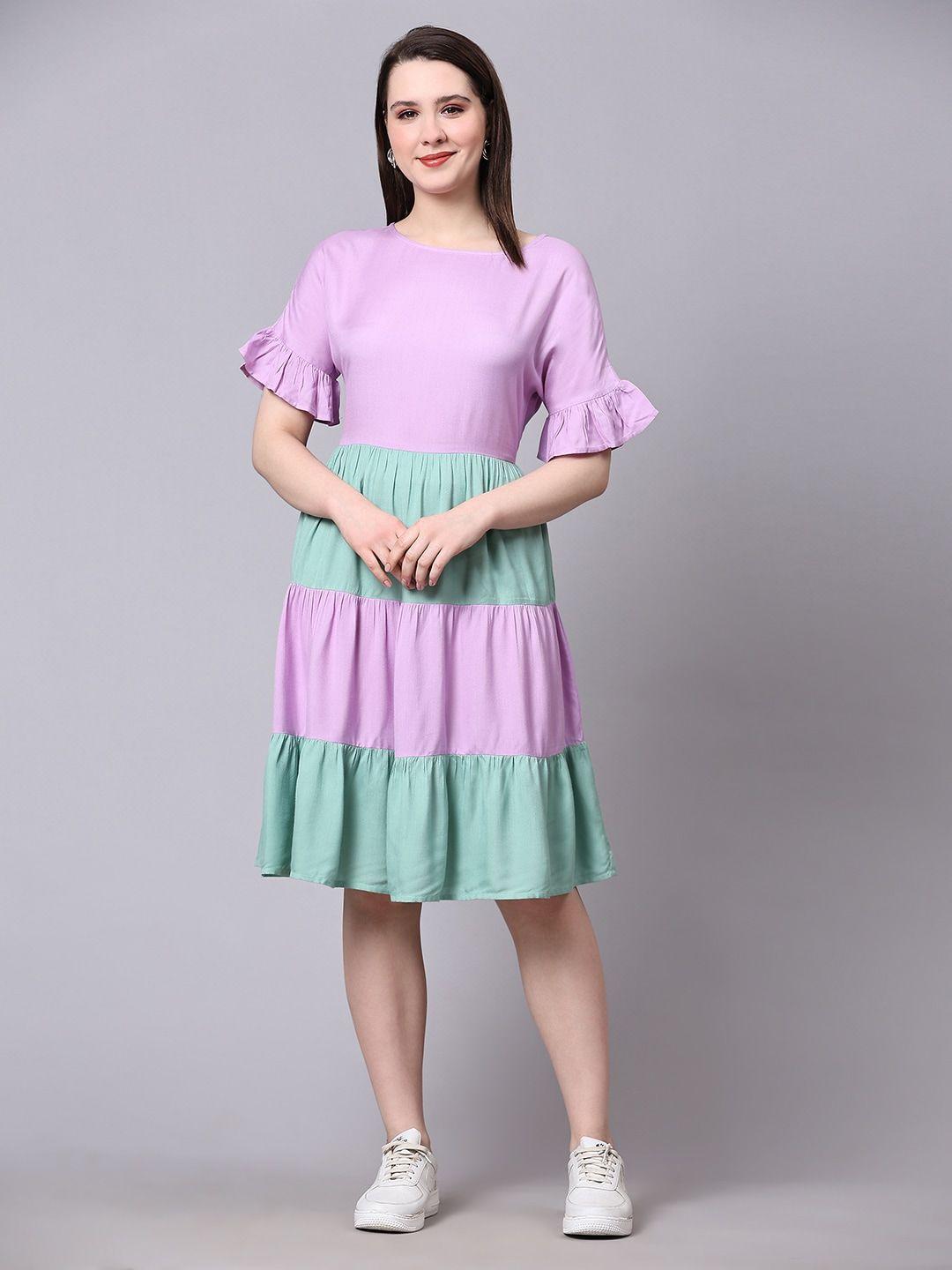 pomegal purple colourblocked bell sleeve fit & flare dress