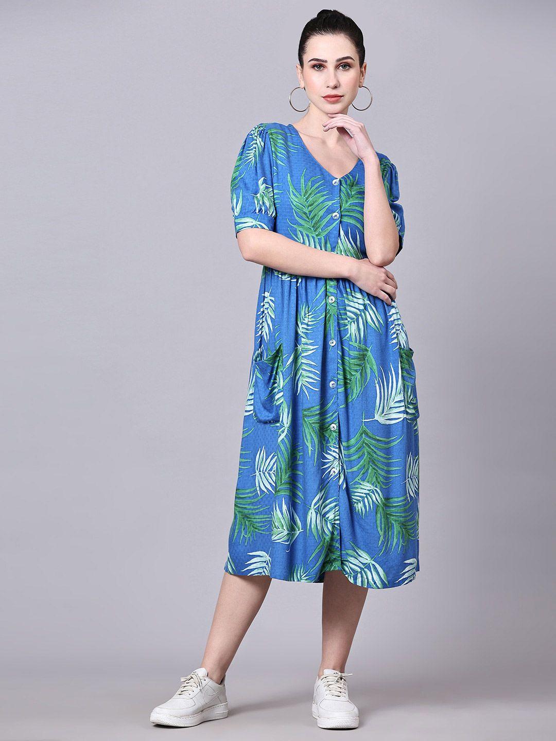 pomegal tropical printed v-neck puff sleeves pleated fit & flare midi dress