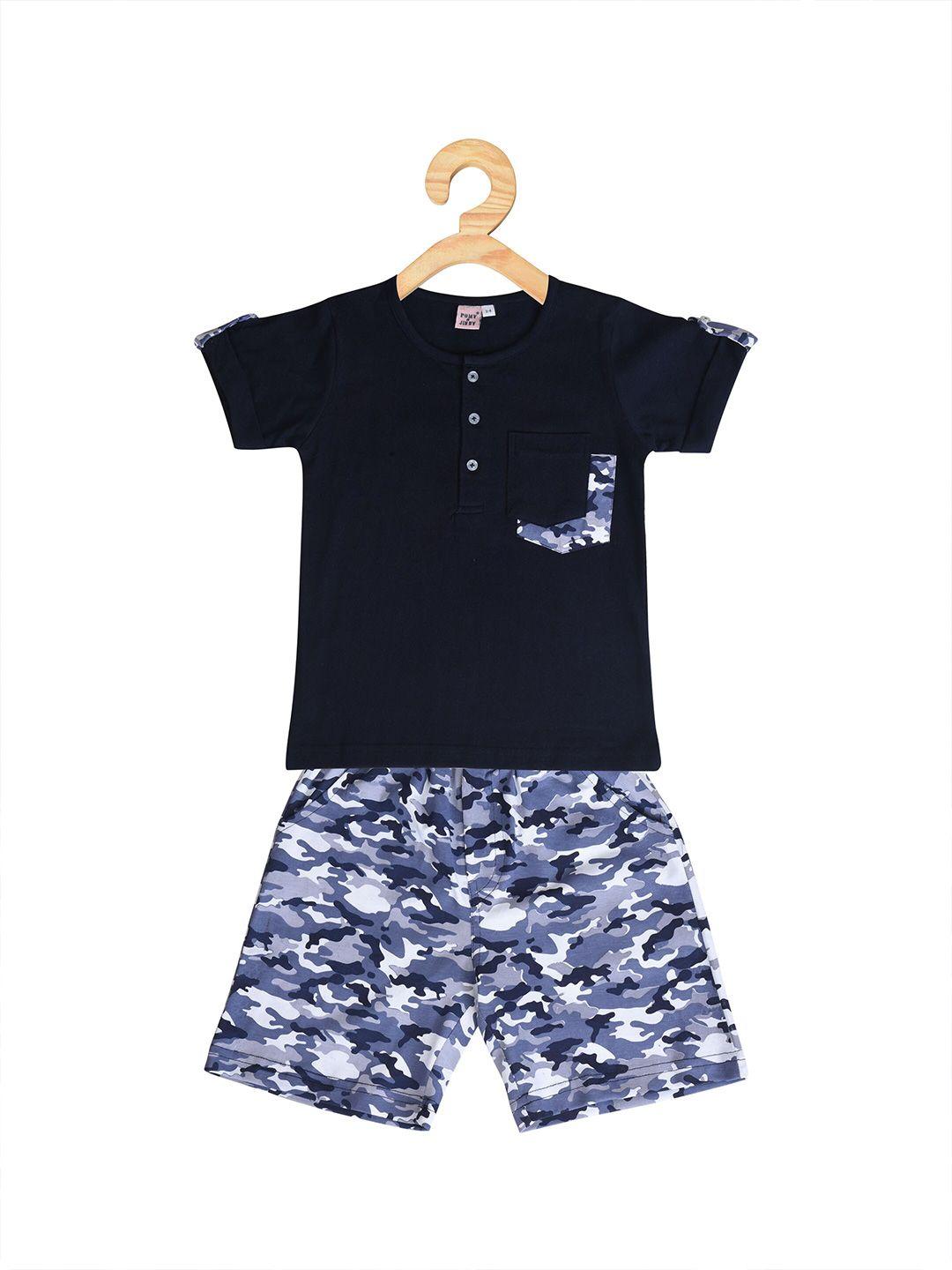 pomy & jinny boys navy blue & white printed t-shirt with shorts